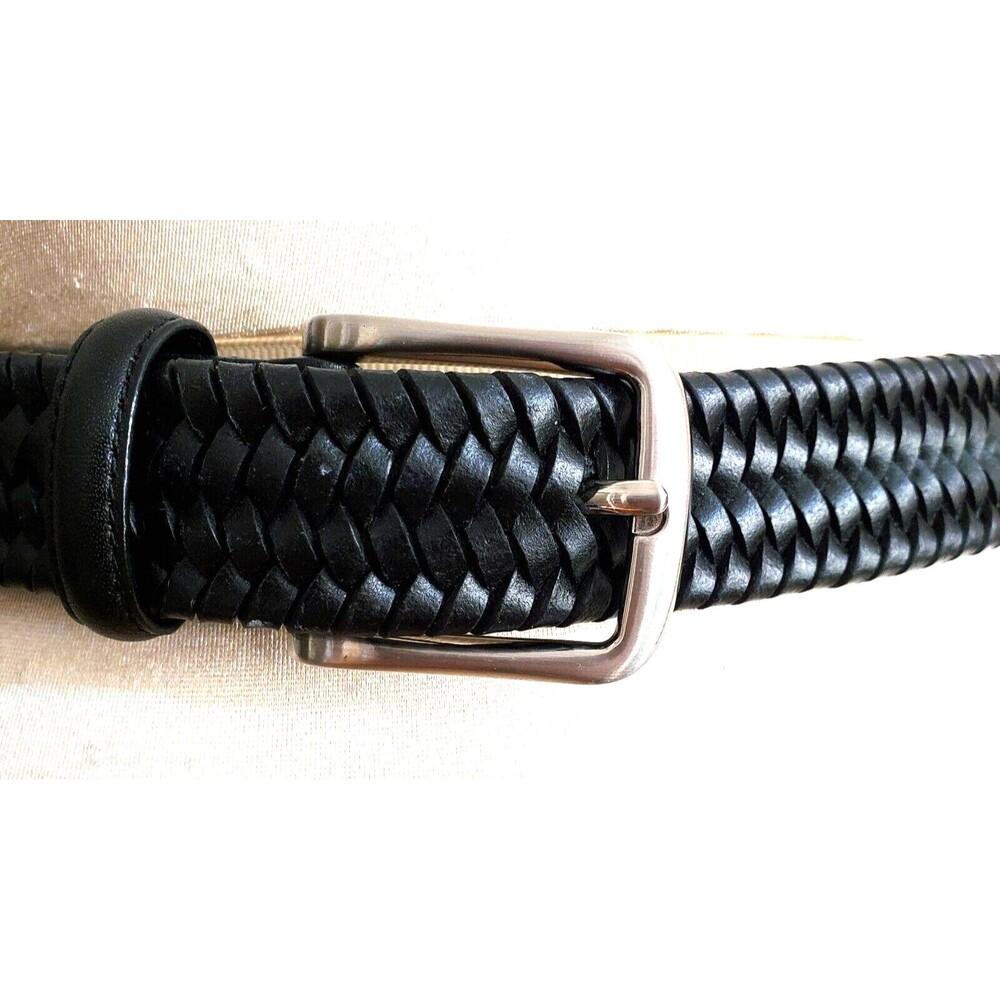 Faux Leather Stretch Belt 28" Black Woven Silvertone Buckle 1" Wide Classic